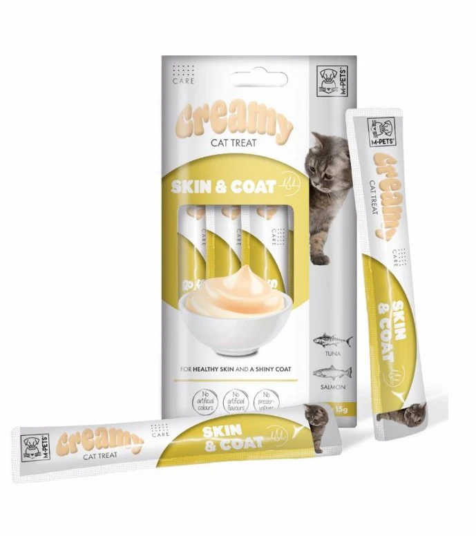 بستنی گربه برند ام پت مدل پوست و مو طعم ماهی تن و ماهی سالمون بسته 4 عددی